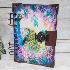 paons violets | Journal en bois cartonné rechargeable | Classeur à anneaux A5 | Carnet de croquis | Bohème chic | Cadeau pour la fête des mères