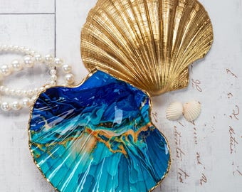 Blue, Turquoise & Gold Scallop Shell Trinket Dish