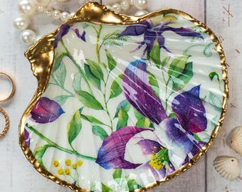 Trinket Dish with Purple Flowers: Seashell Jewellery Tray