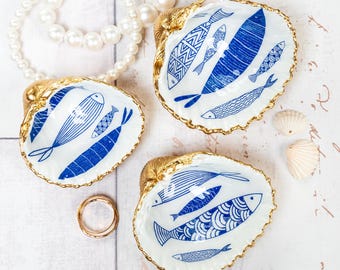 Cockle Shell Ring Dishes: Set of 3 in Gold with Blue Fish