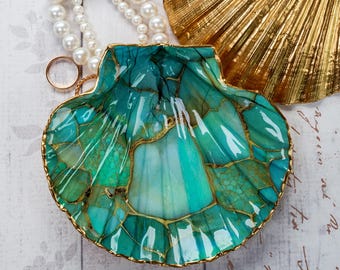 Teal & Gold Marbled Scallop Shell Trinket Dish