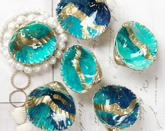 Gilded Cockle Shell Ring Dishes in Shades of Teal, Turquoise & Blue