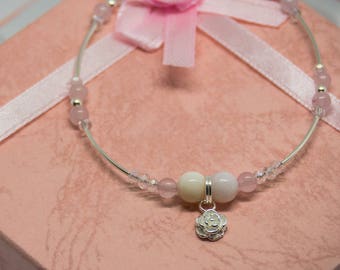 Innocence/ Sterling Silver Charm Bracelet/ Bracelet For Her/ Handmade Charm Bracelet/ Rose Charm Bracelet/ Rose Quartz