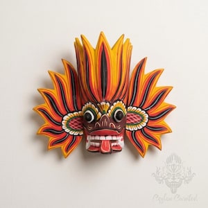 Hand-Carved Sri Lankan Flame Devil Mask, Traditional Folk Art Wall Decor
