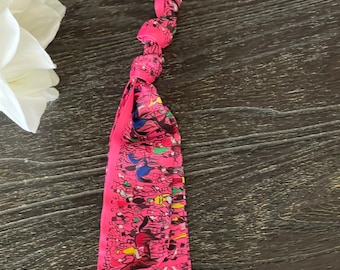 Double knotted bright pink scarf key ring purse accessory faux silk
