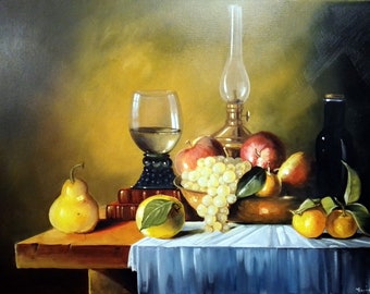 Still life kerosene lamp and clementines