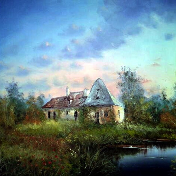 Soir d'automne en campagne, peinture huile originale