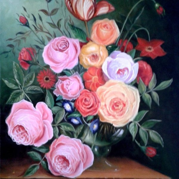 Bouquet of oil painting flowers, bouquet of roses