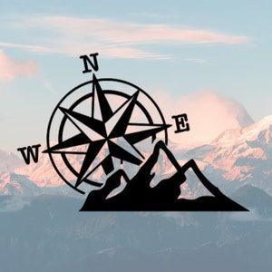 Mountains and Compass Decal, Vinyl Decal, Mountain with Compass Decal, Decal for Camper, Fifth Wheel Decal, Travel Decal