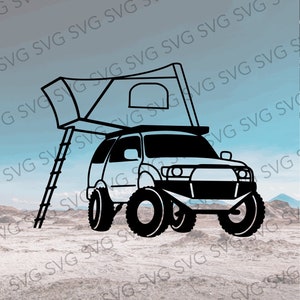 May include: Black and white silhouette of a car with a roof top tent. The car is on a dirt road with mountains in the background.