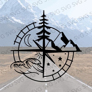 Compass and Mountains SVG, Traveler SVG, Cut File for Camper, Wilderness SVG, Mountain and Trees Svg