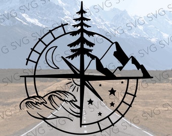 Kompass und Berge SVG, Traveler SVG, Cut File für Camper, Wildnis SVG, Berg und Bäume Svg