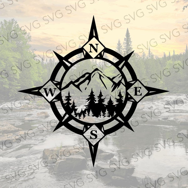 Compass and Mountains SVG, Traveler SVG, Cut File for Camper, Wilderness SVG, Mountain and Trees Svg