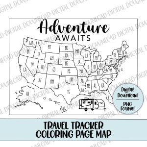 Adventure Awaits Travel Tracker Karte, Reise-Anhänger Reise karte, US Travel Map, druckbare Reise karte, Coloring Tracker Karte, Digitale Datei