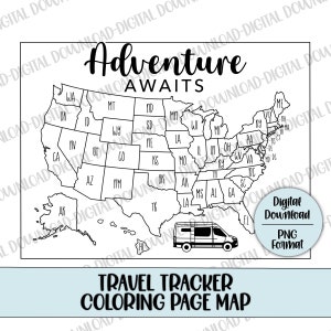 Adventure Awaits Travel Tracker Karte, Van Travel Map, US Travel Map, Druckbare Reise karte, Coloring Tracker Karte, Digitale Datei