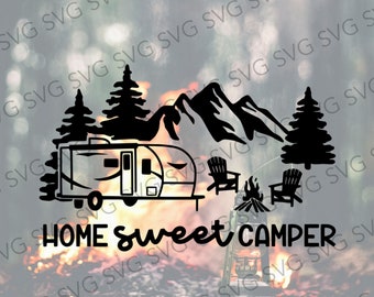 May include: Black and white silhouette design of a camper van, mountains, trees, and a campfire with the text "HOME sweet CAMPER".