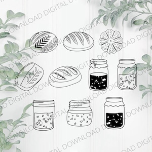 May include: A set of nine black and white line drawings of various baked goods and jars. The drawings include loaves of bread, a round loaf of bread with a leaf design, a round loaf of bread with a flower design, and jars with lids.