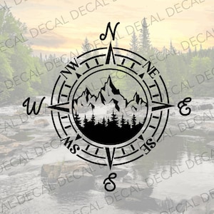 Compass and Mountains Decal, Vinyl Decal, Decal for Camper, Travel Decal, Camper Decoration