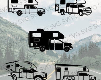 May include: Four different styles of camper vans, each with a unique design. The vans are all white with black outlines, except for one which is black with a white outline. The vans are all facing the right side of the image.