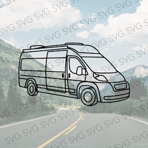 May include: A black and white line drawing of a camper van on a road with mountains in the background.