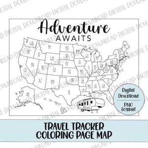 Adventure Awaits Travel Tracker Karte, Fünftes Rad Reise karte, US Travel Map, ausdruckbare Reise karte, Coloring Tracker Karte, Digitale Datei