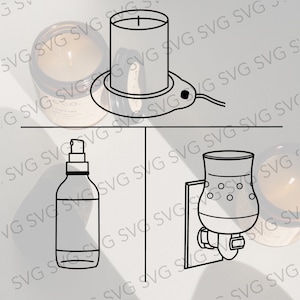 Peut inclure: Illustration au trait de trois façons différentes d'utiliser des huiles essentielles. La première image montre un chauffe-cire avec une bougie à l'intérieur. La deuxième image montre un diffuseur avec un flacon pulvérisateur. La troisième image montre un diffuseur à brancher.