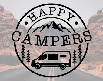 May include: Black and white graphic design of a camper van with mountains and trees in the background. The text "Happy Campers" is written in a circle around the van.
