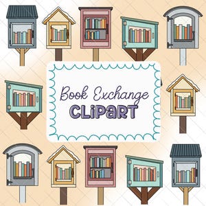 Puede incluir: Ilustración de varias cajas de intercambio de libros en diferentes colores y diseños. Cada caja, llena de libros, está montada sobre un poste. La imagen incluye el texto "Book Exchange CLIPART" en un marco decorativo.