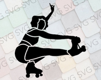Puede incluir: Una silueta negra de una persona patinando sobre ruedas. La persona lleva un top corto y pantalones cortos y tiene el pelo recogido hacia atrás. Está en posición de cuclillas con una pierna extendida y la otra doblada por la rodilla. La persona lleva patines con cuatro ruedas en cada patín.