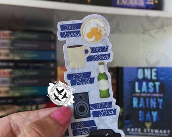 May include: A vertical sticker featuring five stacked illustrations with text: a fried egg labeled Eggs Runny, a coffee mug labeled Coffee Black, a green beer bottle labeled Beer Cold, a black speaker labeled Music Loud, and a black car labeled Cars Fast.