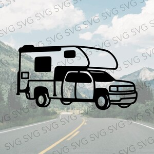 May include: Black and white silhouette of a camper van with a pop-up top, driving on a road with mountains in the background.