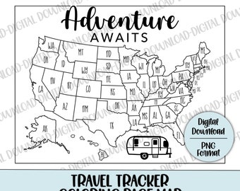 Adventure Awaits Travel Tracker Map, Travel Map, US Travel Map, Printable Travel Map, Coloring Tracker Map, Digital File