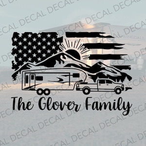 Family Name Decal, Decal for Fifth Wheel, Mountain Flag Decal, Fifth Wheel Flag Decal