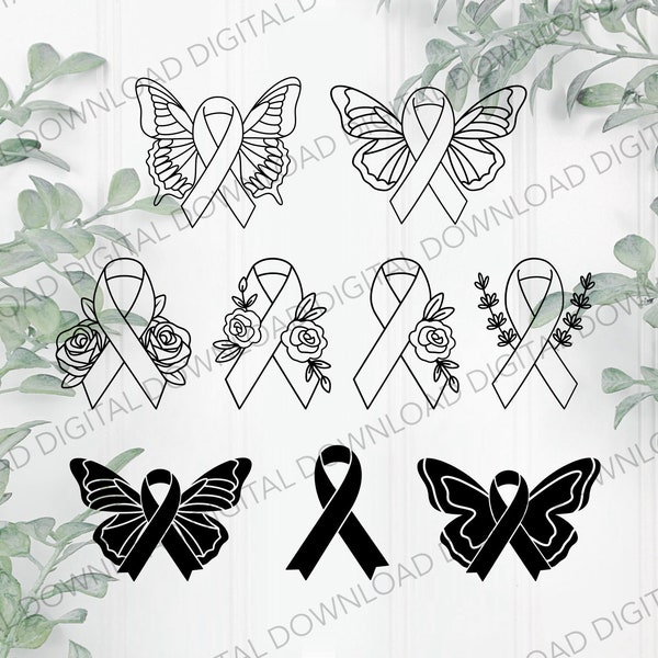 Awareness Ribbon SVG Bundle, Cancer Awareness Ribbon, Awareness Ribbon Line Svg, Awareness Ribbon With Flowers Svg, Cancer Awareness Ribbon