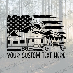 Fifth Wheel Decal Custom Text, Decal for Fifth Wheel, Mountain Flag Decal, Fifth Wheel Flag Decal