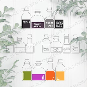 Potion Bottles With Labels SVG, Potion Ingredient Bottles, Halloween SVG, Halloween Cut File, Witch Potion Bottle SVG, Spell Bottles