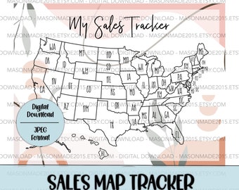 May include: A printable black and white US map with state outlines and abbreviations. The map is titled "My Sales Tracker" and "Sales Map Tracker". The background is a peach and gray floral pattern.