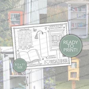 May include: Black and white printable reading-themed activity sheet. Features a word search, bookmark design, and book exchange design. Includes the text "Ready to Print!" and "8.5 x 11 Size".