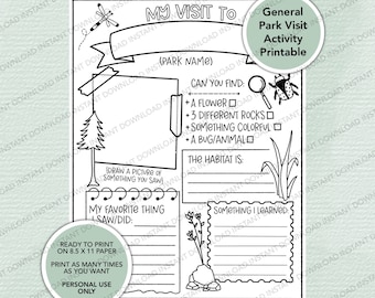 May include: Black and white printable activity sheet for kids to record their visit to a park. The sheet includes sections for drawing a picture, writing about their favorite thing they saw, and what they learned. It also includes a section for them to check off items they found in the park, such as a flower, rocks, and a bug.
