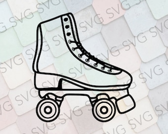 Puede incluir: Un dibujo en blanco y negro de un patín con cuatro ruedas. El patín tiene una bota alta con cordones y una lengüeta.