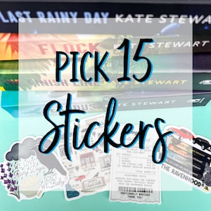 May include: A collection of vinyl stickers featuring designs inspired by The Ravenhood book series, including a crow with lavender, a map of Triple Falls, a receipt-style sticker, and a small stack of books, all displayed against a light blue background.