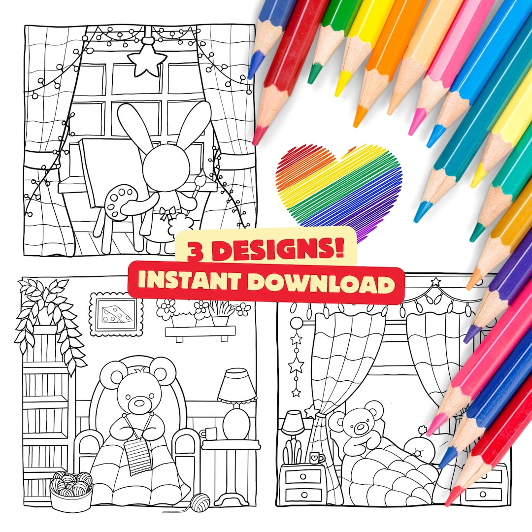 3 Cute & Cosy Colouring Pages - Bundle - Etsy
