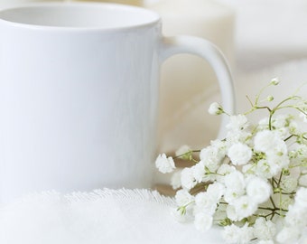 Coffee Mug Styled Stock Photography, Floral Mug Mockup, Mug Flatlay, Styled Mug Mockup, 11oz Mug, Your Design Here