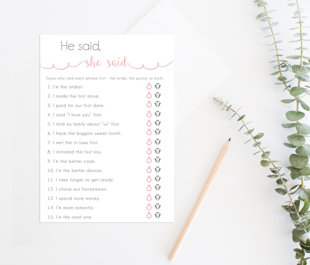 Printable He Said She Said Game, Wedding Reception Game, Bridal Shower ...