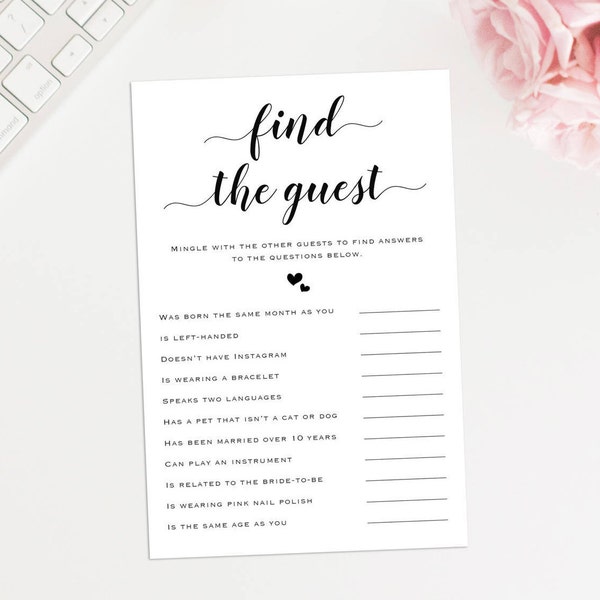 Printable Bridal Shower Game, Printable Find the Guest Game, Bridal Shower Mingle Game, Bridal Shower Ice Breaker, Printable Ice Breaker