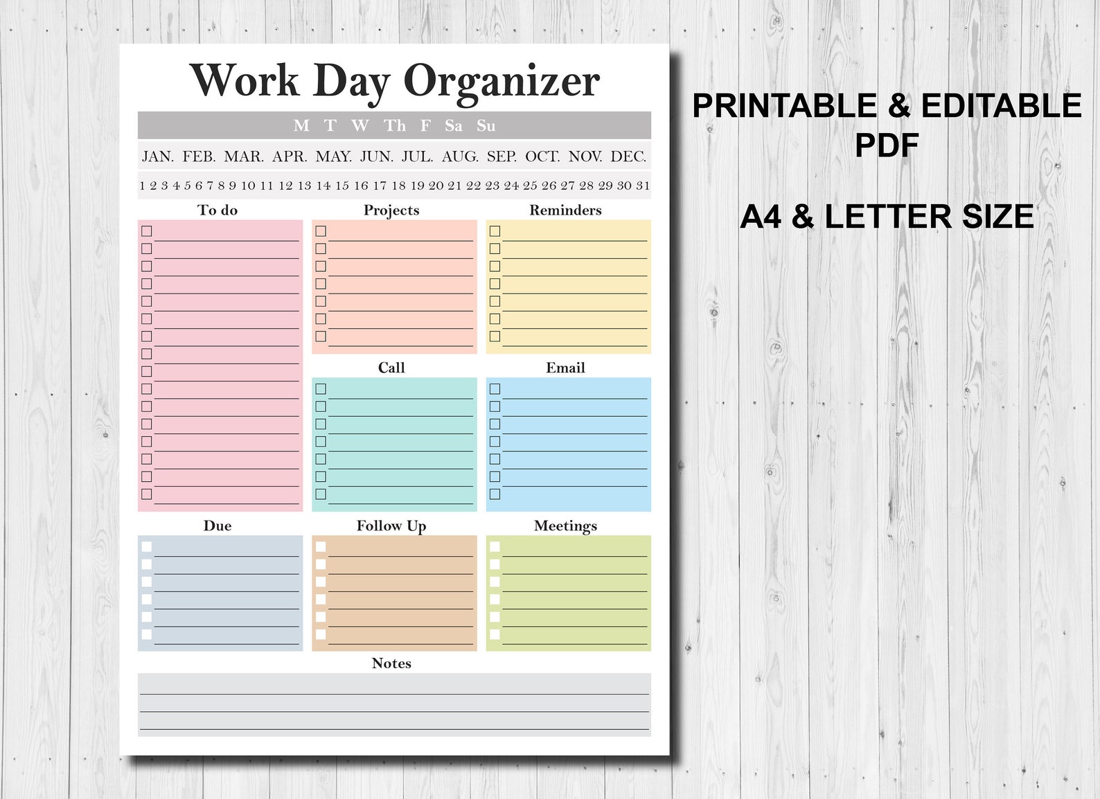 Work Day Organizer Printable Editable Fillable. Work Planner. Printable