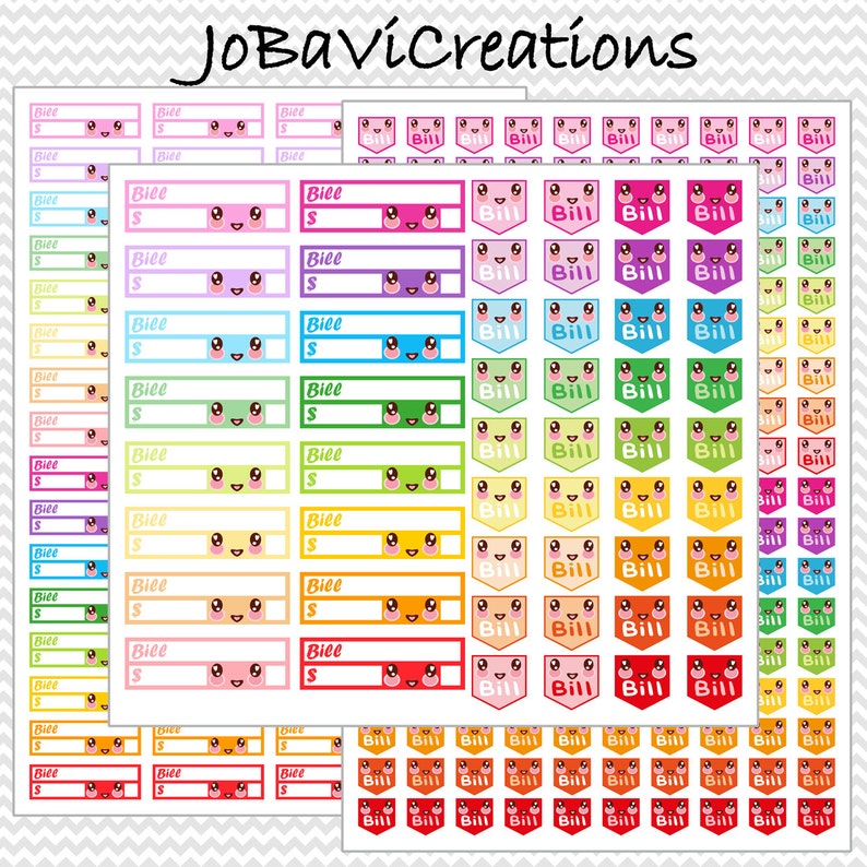 kawaii bill due planner stickers printable pastel and bright etsy