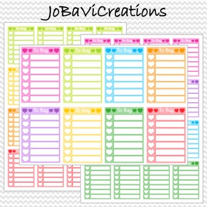 Può includere: Fogli di adesivi colorati con liste "To Buy". Ogni lista ha un bordo a forma di cuore e spazio per scrivere. I fogli sono disponibili in vari colori, tra cui rosa, verde, blu, arancione e viola. Il marchio "JoBaviCreations" è in alto.