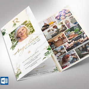 Conjunto de plantillas para programa funerario Tropica Trifold, Word y editor, celebración de la vida, plantilla de obituario para mujeres, tamaño de impresión 11 x 8,5 pulgadas