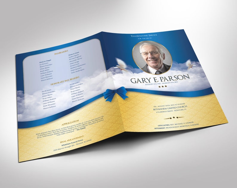 Blue Ribbon Funeral Program Large Template Word Template, Publisher Celebration of Life, Blue Sky, 8 Page 11x17 in image 2